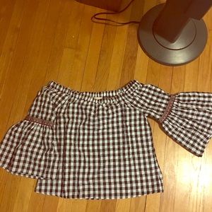 gingham off the shoulder top with bell sleeves